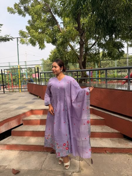 Purple Mul Chanderi Embroidered Suit with Straight Pant and Dupatta Embroidery Kurtis 