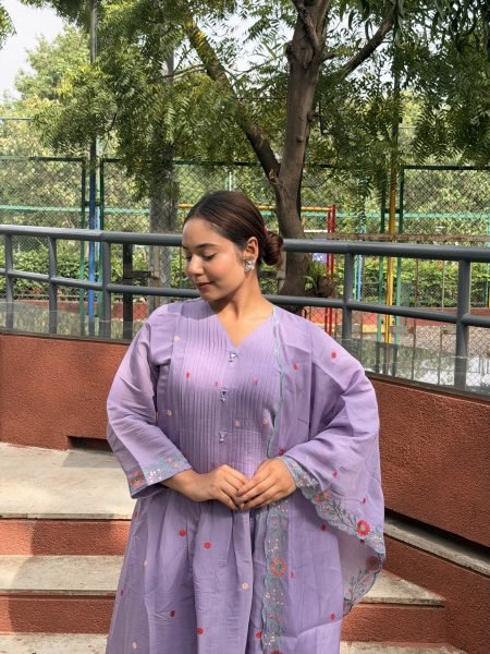 Purple Mul Chanderi Embroidered Suit with Straight Pant and Dupatta Embroidery Kurtis 