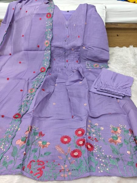 Purple Mul Chanderi Embroidered Suit with Straight Pant and Dupatta Embroidery Kurtis 