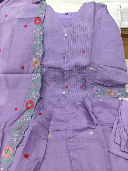 Purple Mul Chanderi Embroidered Suit with Straight Pant and Dupatta Embroidery Kurtis 