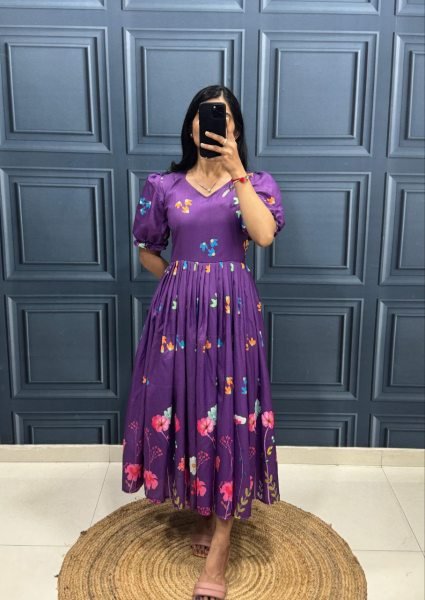 Purple Muslin Cotton Printed Frock with Trendy Sleeves Modern Collection Cotton Kurtis Wholesale