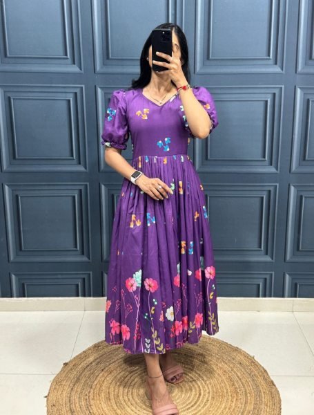 Purple Muslin Cotton Printed Frock with Trendy Sleeves Modern Collection Cotton Kurtis Wholesale