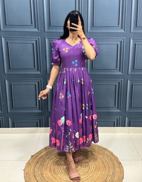 Purple Muslin Cotton Printed Frock with Trendy Sleeves Modern Collection Cotton Kurtis Wholesale