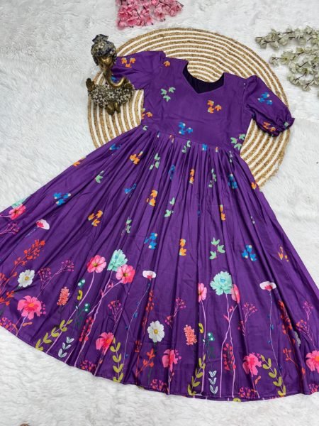 Purple Muslin Cotton Printed Frock with Trendy Sleeves Modern Collection Cotton Kurtis Wholesale