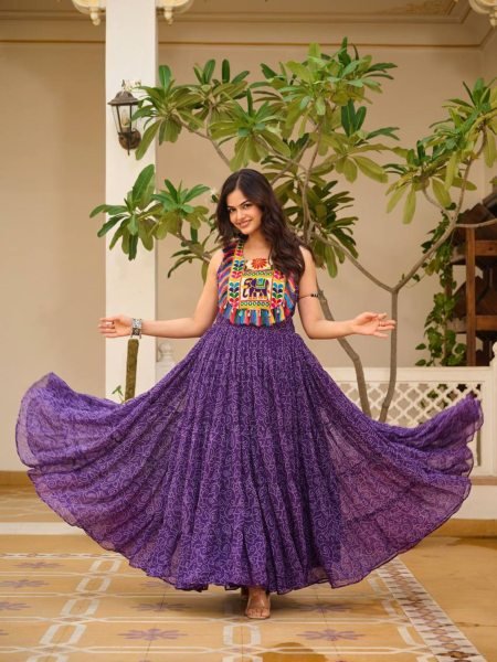 Purple Navratri Georgette Gown Bandhani Print with Mirror and Kodi Lace Anarkali Kurtis 