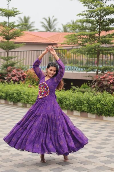 Purple Navratri Gown Faux Georgette with Heavy Gamathi Mirror Work Dandiya Nights Navratri Collection