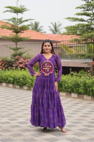 Purple Navratri Gown Faux Georgette with Heavy Gamathi Mirror Work Dandiya Nights Navratri Collection