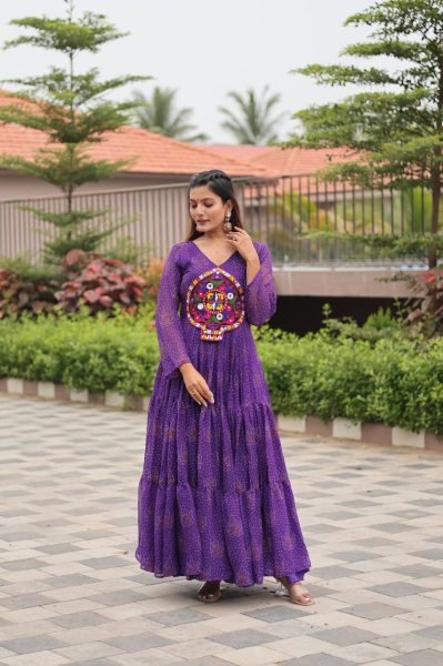 Purple Navratri Gown Faux Georgette with Heavy Gamathi Mirror Work Dandiya Nights Navratri Collection