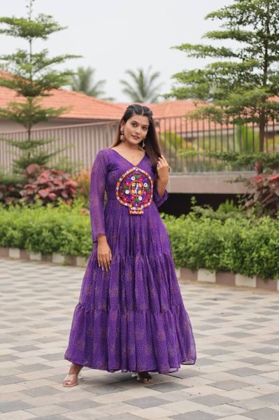 Purple Navratri Gown Faux Georgette with Heavy Gamathi Mirror Work Dandiya Nights Navratri Collection
