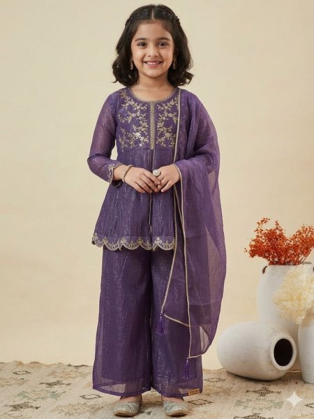 Purple Party Wear Kurta Set With Full Sleeves Embroidery Neck 