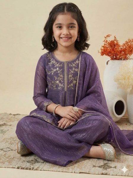 Purple Party Wear Kurta Set With Full Sleeves Embroidery Neck  Girls Wear