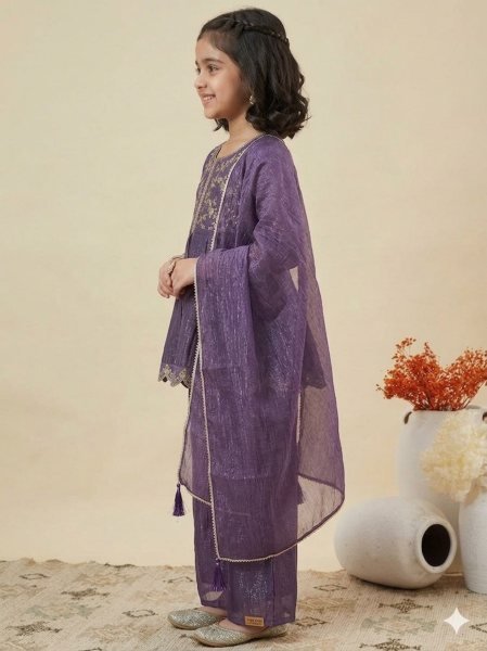 Purple Party Wear Kurta Set With Full Sleeves Embroidery Neck  Girls Wear