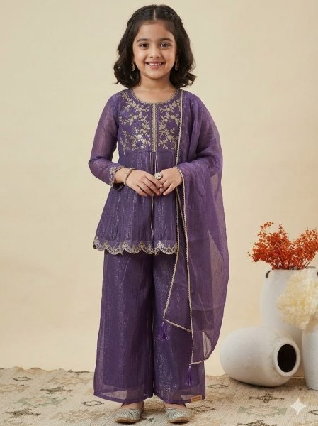 Purple Party Wear Kurta Set With Full Sleeves Embroidery Neck  Girls Wear