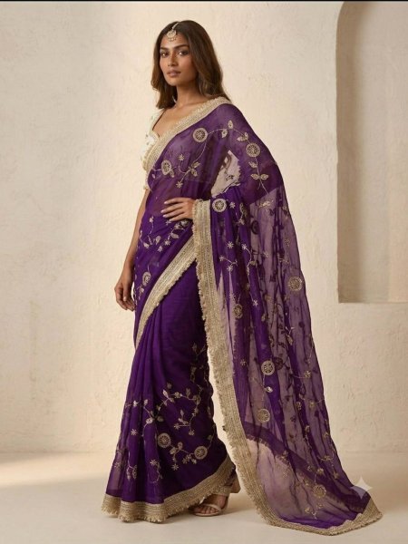 Purple Party Wear Pure Fandy Satin Saree with Designer Lace Border and Embroidered Blouse 
