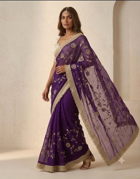 Purple Party Wear Pure Fandy Satin Saree with Designer Lace Border and Embroidered Blouse Embroidery Sarees Wholesale