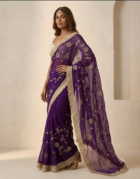 Purple Party Wear Pure Fandy Satin Saree with Designer Lace Border and Embroidered Blouse Embroidery Sarees Wholesale