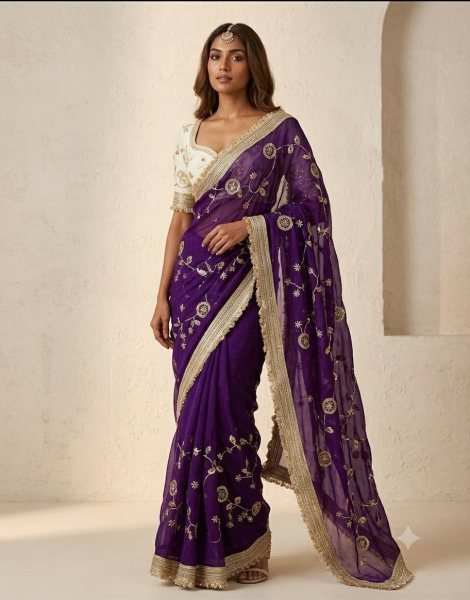 Purple Party Wear Pure Fandy Satin Saree with Designer Lace Border and Embroidered Blouse Embroidery Sarees Wholesale