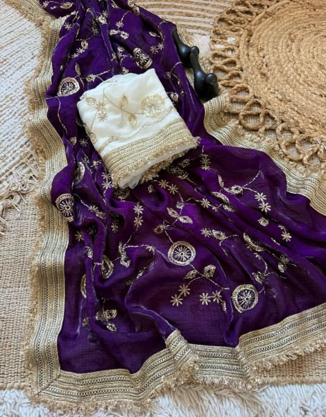 Purple Party Wear Pure Fandy Satin Saree with Designer Lace Border and Embroidered Blouse Embroidery Sarees Wholesale