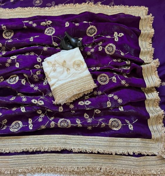 Purple Party Wear Pure Fandy Satin Saree with Designer Lace Border and Embroidered Blouse Embroidery Sarees Wholesale
