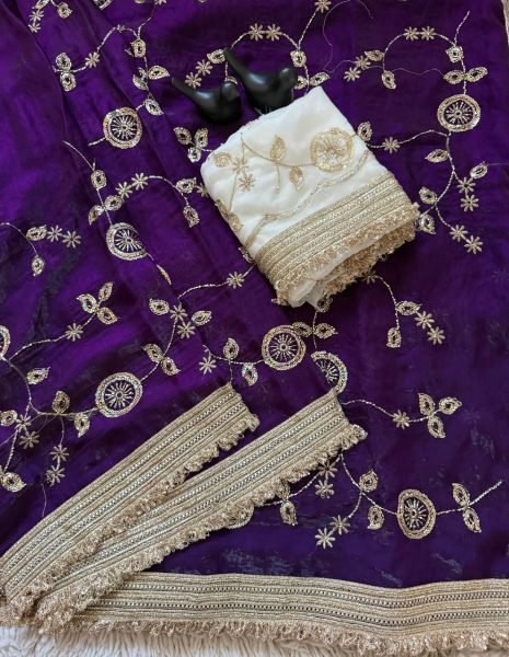 Purple Party Wear Pure Fandy Satin Saree with Designer Lace Border and Embroidered Blouse Embroidery Sarees Wholesale
