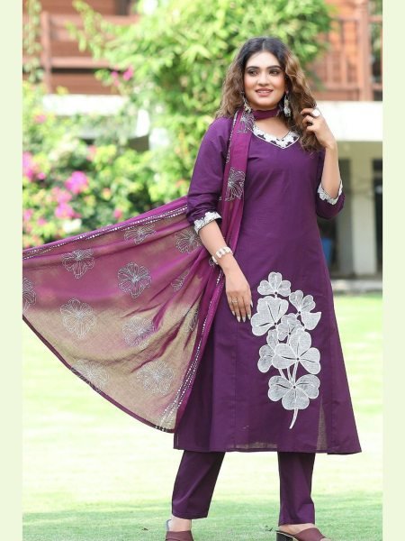 Purple Pure Cotton Kurti Set with Embroidery Work Boutique and Wholesale Collection  