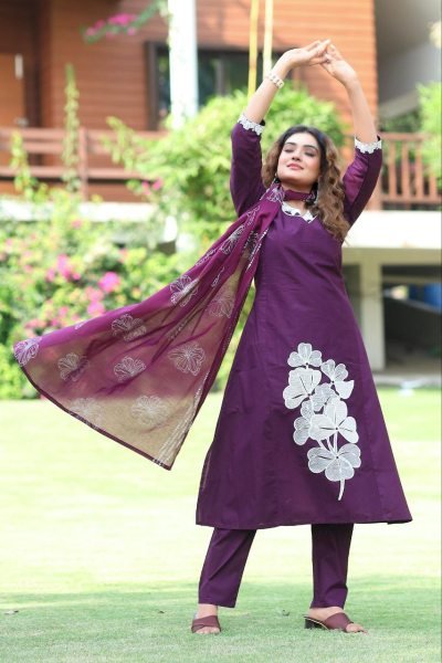 Purple Pure Cotton Kurti Set with Embroidery Work Boutique and Wholesale Collection  3 Piece Kurti Set