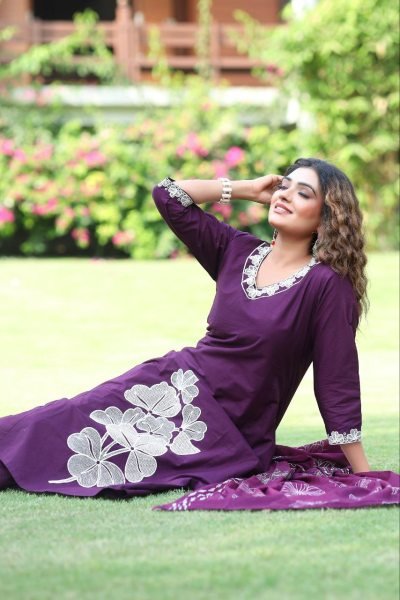 Purple Pure Cotton Kurti Set with Embroidery Work Boutique and Wholesale Collection  3 Piece Kurti Set