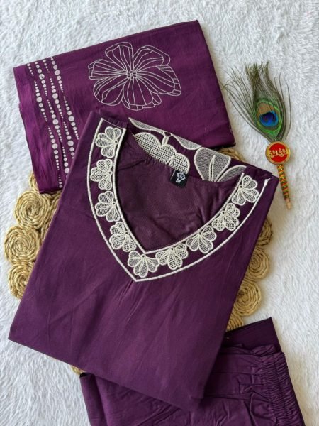 Purple Pure Cotton Kurti Set with Embroidery Work Boutique and Wholesale Collection  3 Piece Kurti Set