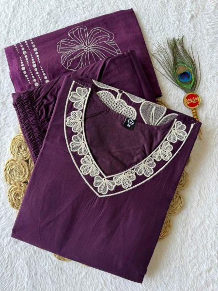 Purple Pure Cotton Kurti Set with Embroidery Work Boutique and Wholesale Collection  3 Piece Kurti Set