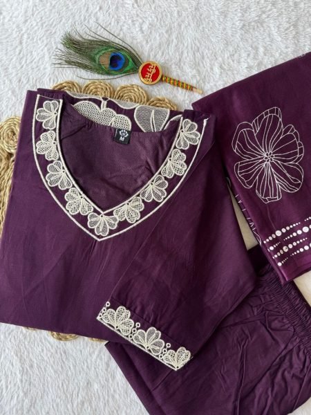 Purple Pure Cotton Kurti Set with Embroidery Work Boutique and Wholesale Collection  3 Piece Kurti Set