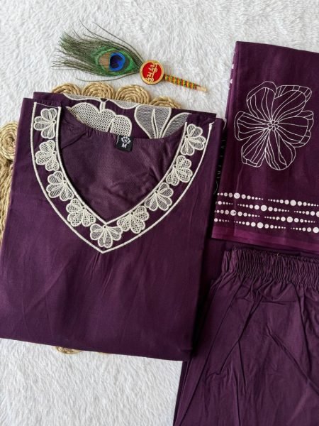 Purple Pure Cotton Kurti Set with Embroidery Work Boutique and Wholesale Collection  3 Piece Kurti Set
