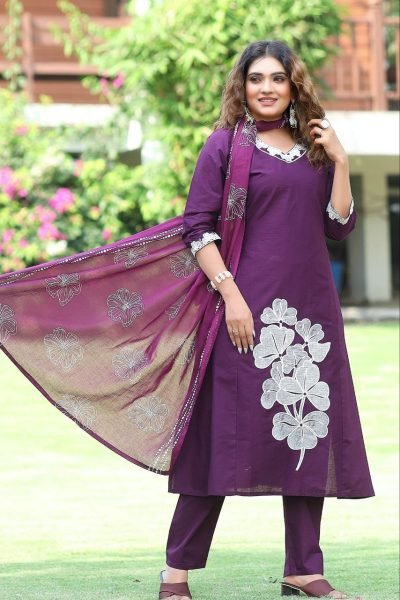 Purple Pure Cotton Kurti Set with Embroidery Work Boutique and Wholesale Collection  3 Piece Kurti Set