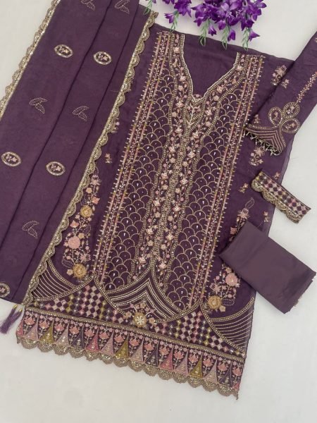 Purple Rangoli Crush Semi Stitched Salwar Suit with Heavy Sequins Embroidery Pakistani Suits Wholesale