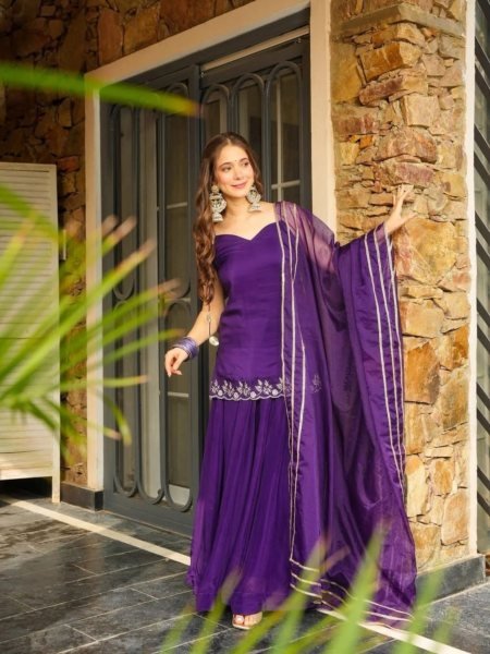 Purple Rangoli Silk Kurti Palazzo Suit with Elegant Embroidery and Organza Lace Dupatta 