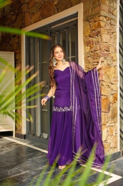 Purple Rangoli Silk Kurti Palazzo Suit with Elegant Embroidery and Organza Lace Dupatta 3 Piece Kurti Set