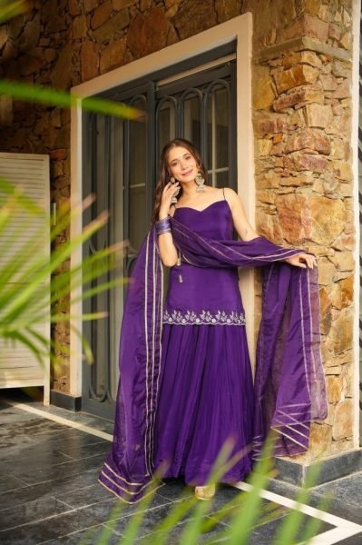 Purple Rangoli Silk Kurti Palazzo Suit with Elegant Embroidery and Organza Lace Dupatta 3 Piece Kurti Set