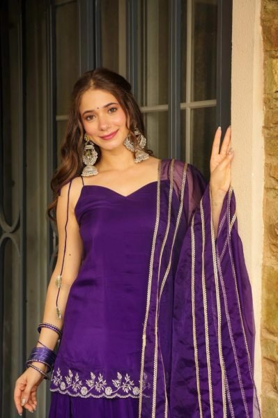 Purple Rangoli Silk Kurti Palazzo Suit with Elegant Embroidery and Organza Lace Dupatta 3 Piece Kurti Set
