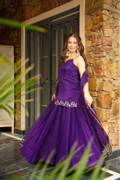 Purple Rangoli Silk Kurti Palazzo Suit with Elegant Embroidery and Organza Lace Dupatta 3 Piece Kurti Set