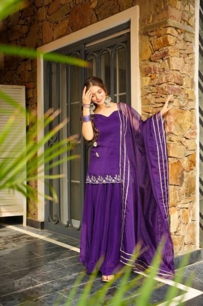 Purple Rangoli Silk Kurti Palazzo Suit with Elegant Embroidery and Organza Lace Dupatta 3 Piece Kurti Set