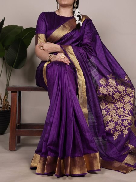 Purple Raw Silk Saree with Golden Zari Weaving for Wedding Wear 