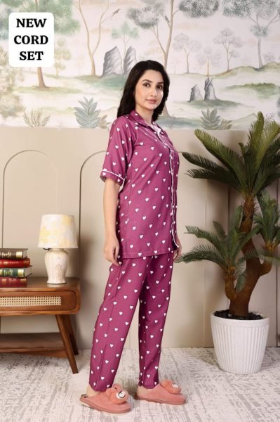 Purple Rayon Nightwear Cord Set with Heart Print Stylish and Comfortable Daily Wear Night Suit Wholesale