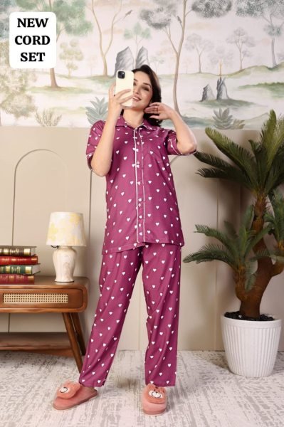 Purple Rayon Nightwear Cord Set with Heart Print Stylish and Comfortable Daily Wear Night Suit Wholesale