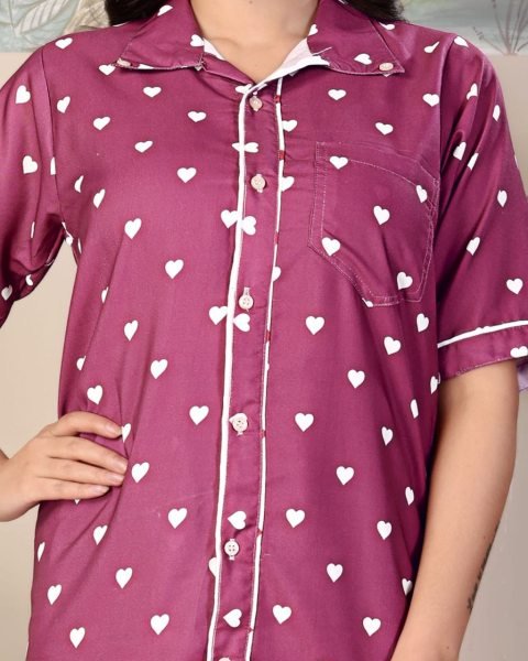 Purple Rayon Nightwear Cord Set with Heart Print Stylish and Comfortable Daily Wear Night Suit Wholesale