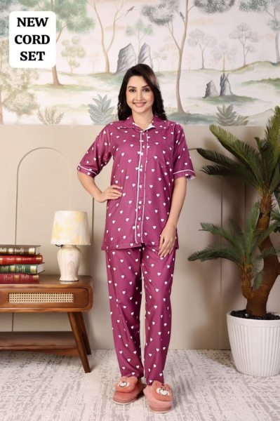 Purple Rayon Nightwear Cord Set with Heart Print Stylish and Comfortable Daily Wear Night Suit Wholesale