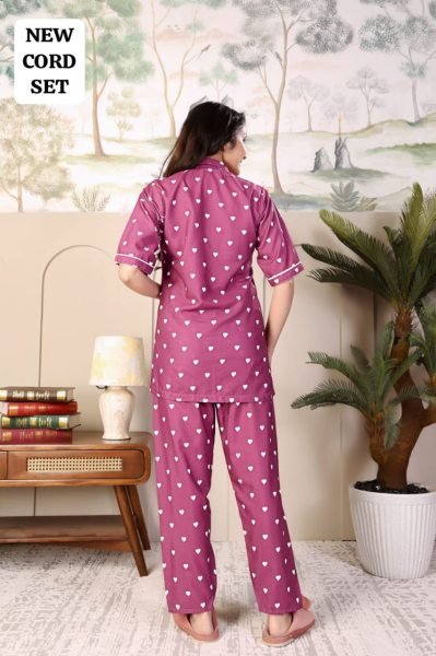 Purple Rayon Nightwear Cord Set with Heart Print Stylish and Comfortable Daily Wear Night Suit Wholesale