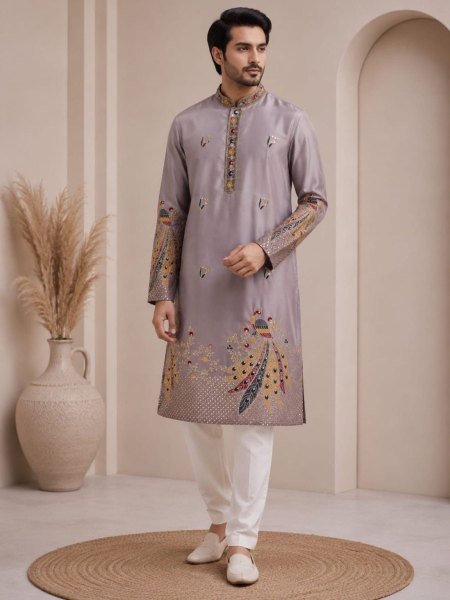 Purple Ready to Wear Men s Kurta Pyjama Set with Rich Shaded Embroidery Work 