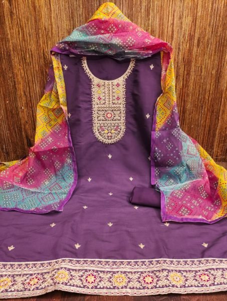 Purple Romal Silk Dress Material with Codding Work & Organza Dupatta Set Color Set Matching Dress Material Wholesale