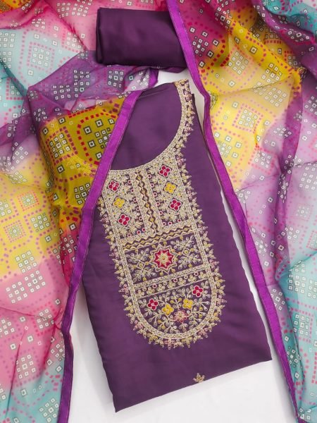 Purple Romal Silk Dress Material with Codding Work & Organza Dupatta Set Color Set Matching Dress Material Wholesale