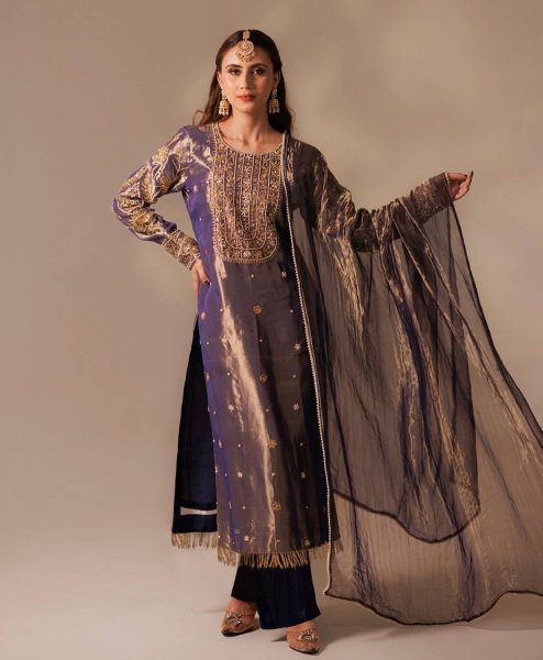 Revolutionary Purple Roman Shimar Kurti With Embroidery Dupatta Lace Border For Wedding Ready To Wear Collection