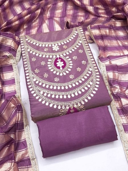 Purple Roman Simmer Silk Suit Material with Kodding Work and Chanderi Silk Dupatta 